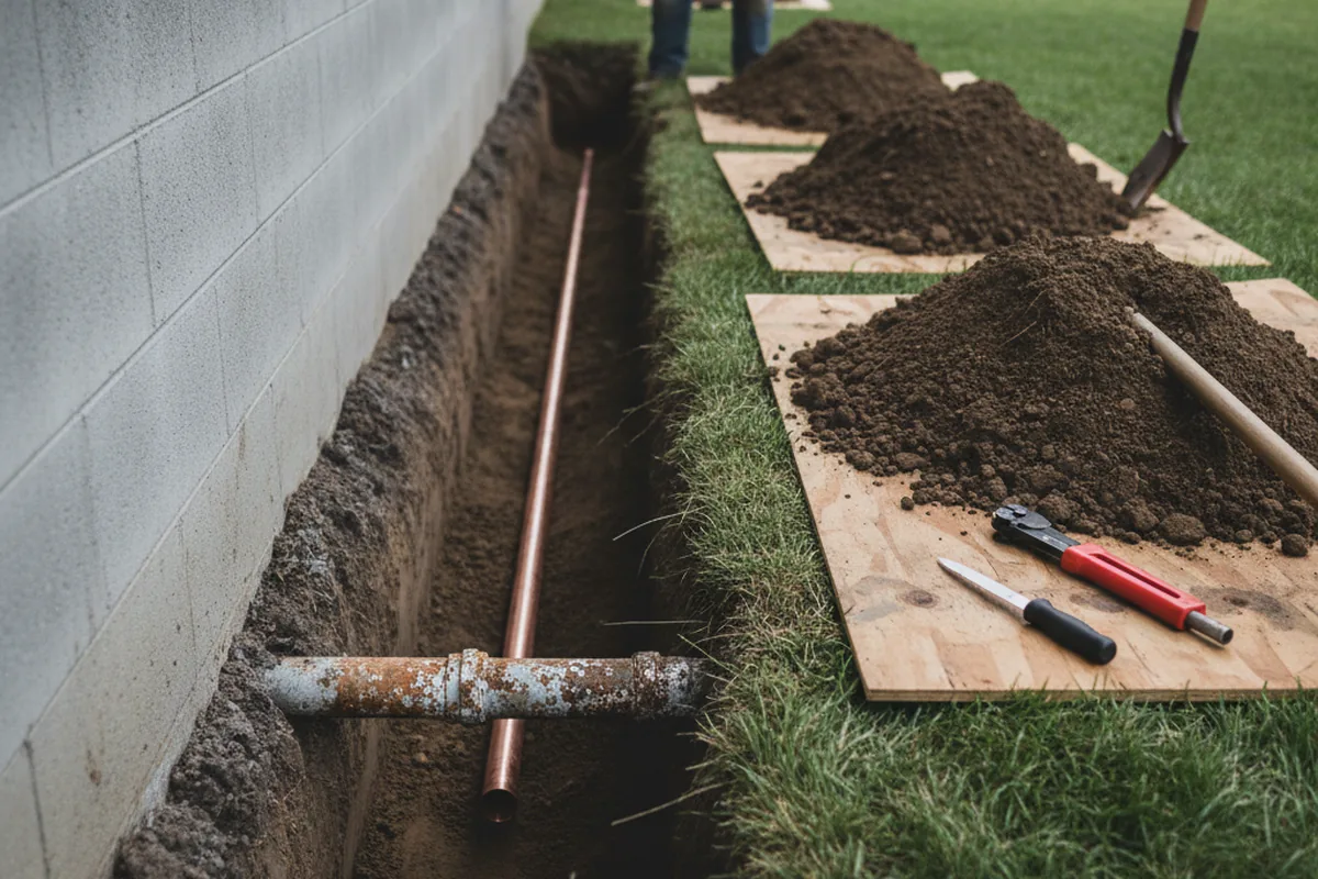 Excavated water line trench during Sewer Line Repair in Hawkins